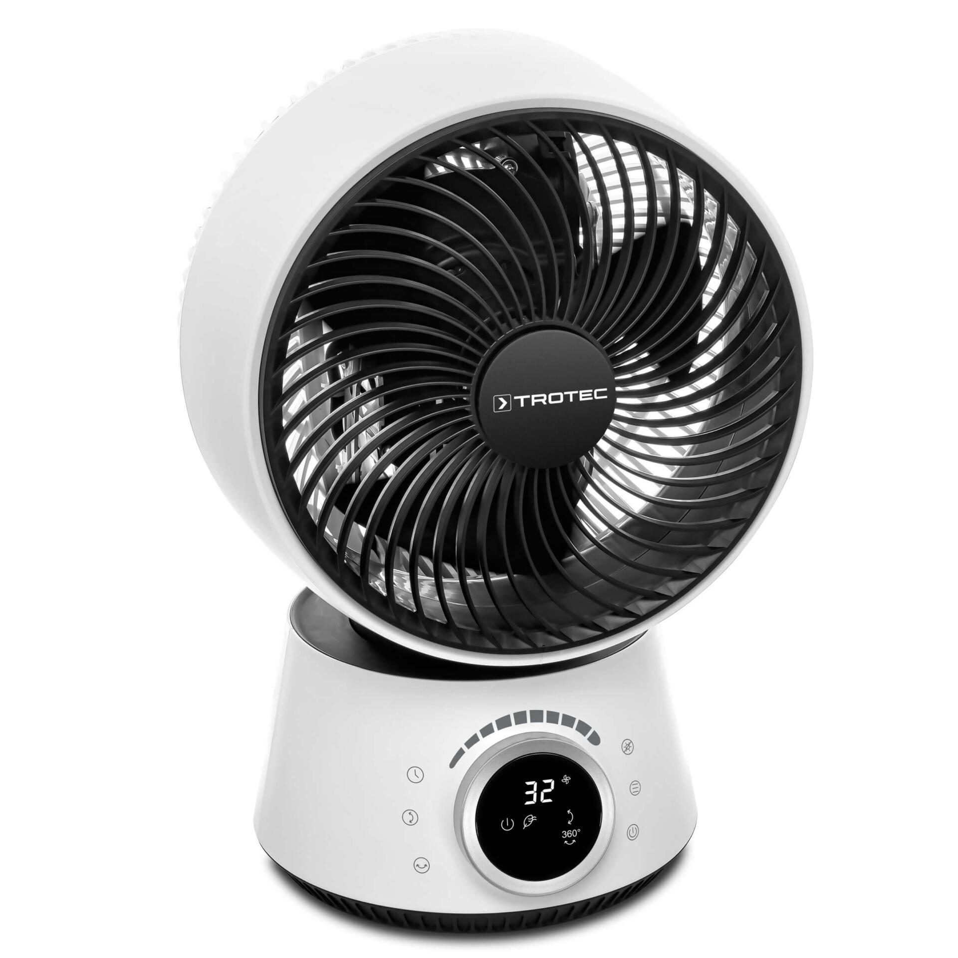 Trotec TVE 100: 360° Turbo Ventilator mit Fernbedienung und 3D Oszillation. Weißer, runder Ventilator für optimale Luftzirkulation.