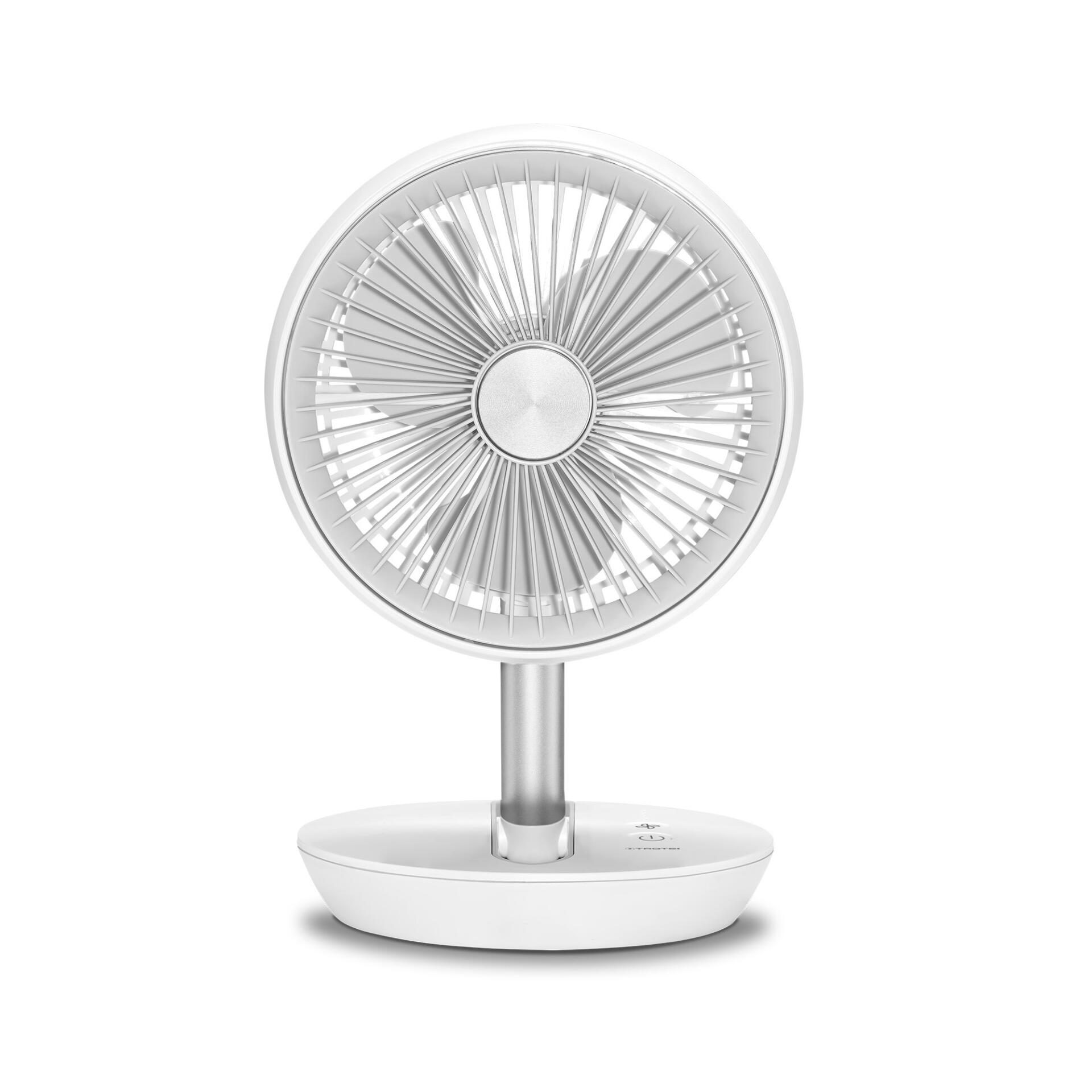 Weißer Akku-Tischventilator TVE 2 W für erfrischende Brise. Kompakter Ventilator für Schreibtisch, ideal für heiße Tage. Mobil und leistungsstark.