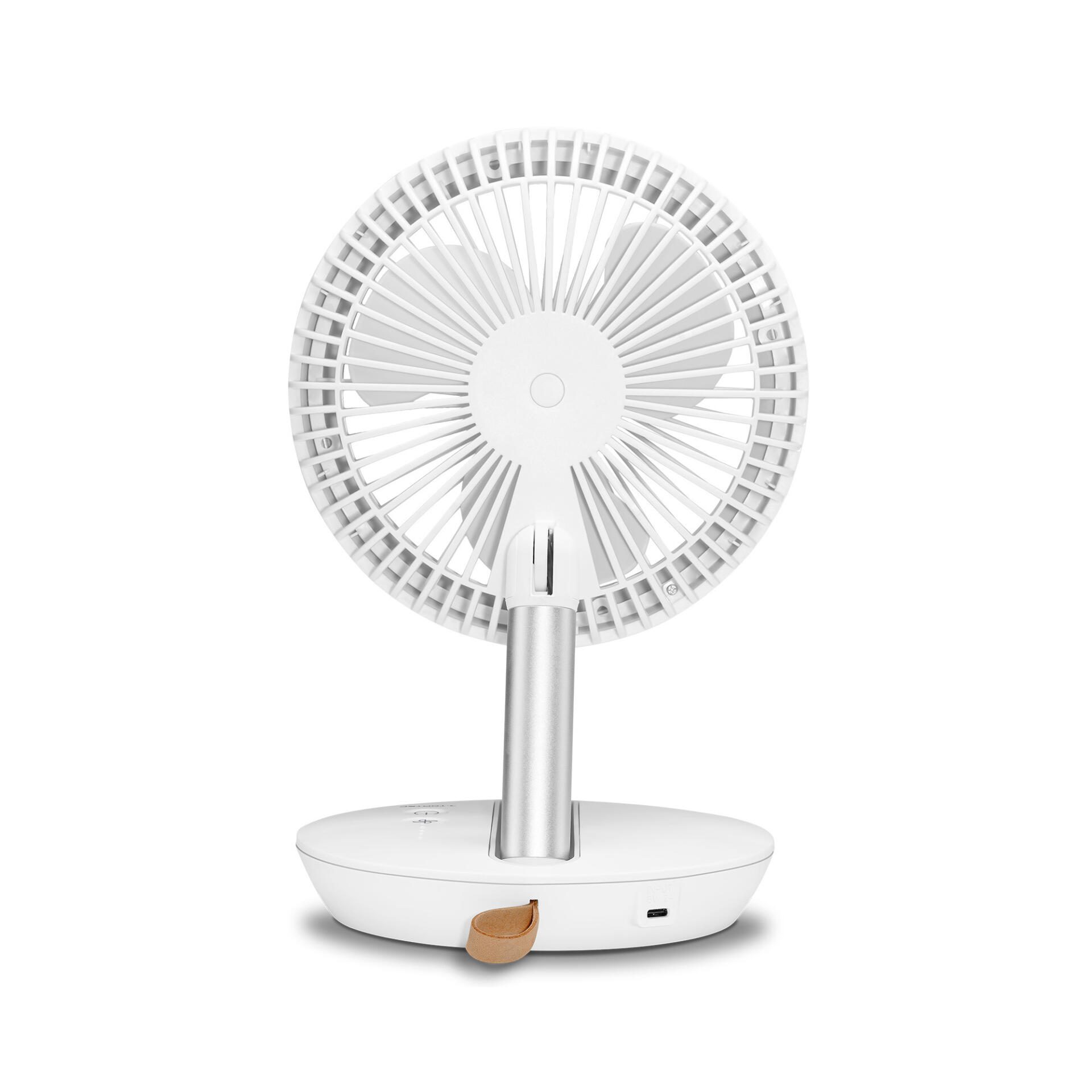 Weißer Akku-Tischventilator TVE 2 W: Kompakter, kabelloser Ventilator für Schreibtisch. Ideal für heiße Tage, sorgt für angenehme Kühlung.