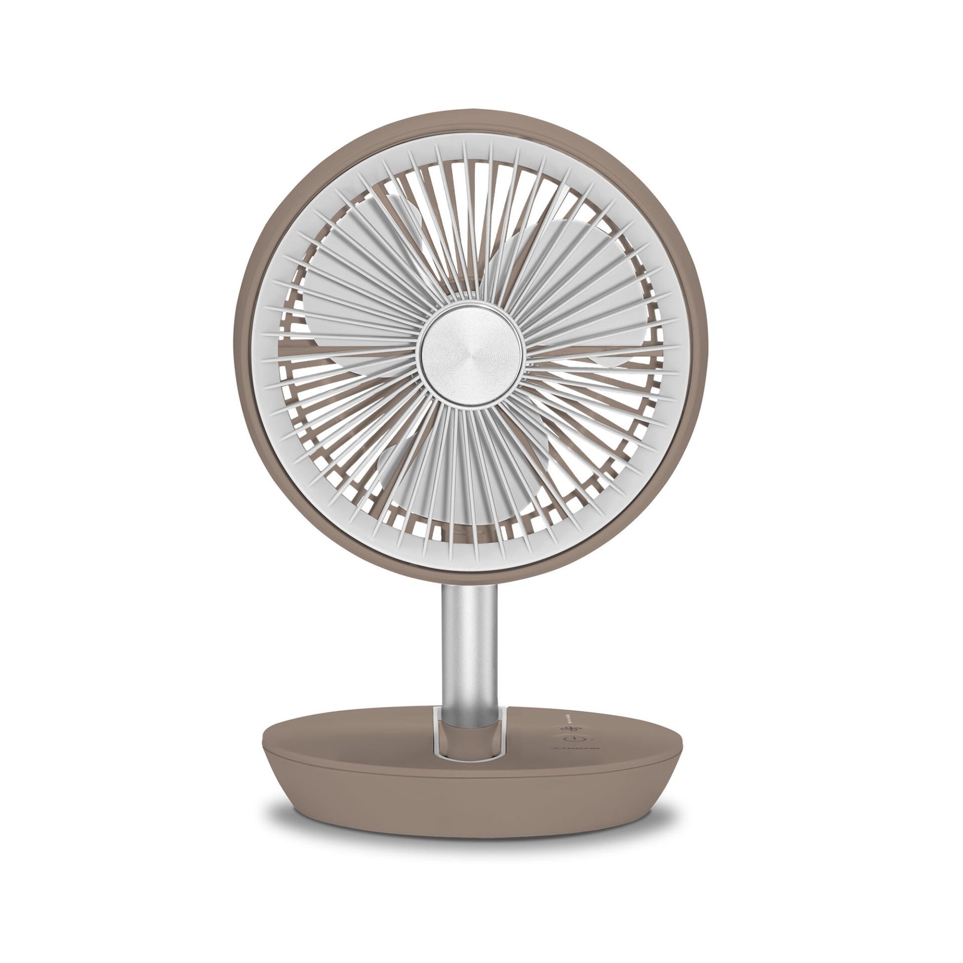 Akku-Tischventilator TVE 2 B: Kompakter, kabelloser Ventilator für den Schreibtisch. Modernes Design in Braun und Silber. Ideal für heiße Tage.