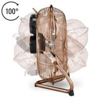 Nahaufnahme eines Bodenventilators TVM 11 in Kupferoptik, der seine 100-Grad-Schwenkfunktion demonstriert. Ideal für Retro-Design und effektive Kühlung.