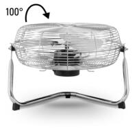 Bodenventilator TVM 12: Detailaufnahme des verchromten Ventilators mit Neigungswinkelanzeige. Ideal für die stilvolle Kühlung im Sommer.