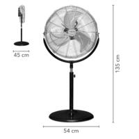 Detailansicht des Standventilators TVM 18 S: Höhe 135 cm, Durchmesser 54 cm, mit zusätzlicher Seitenansicht und Maßangaben. Effektive Kühlung.
