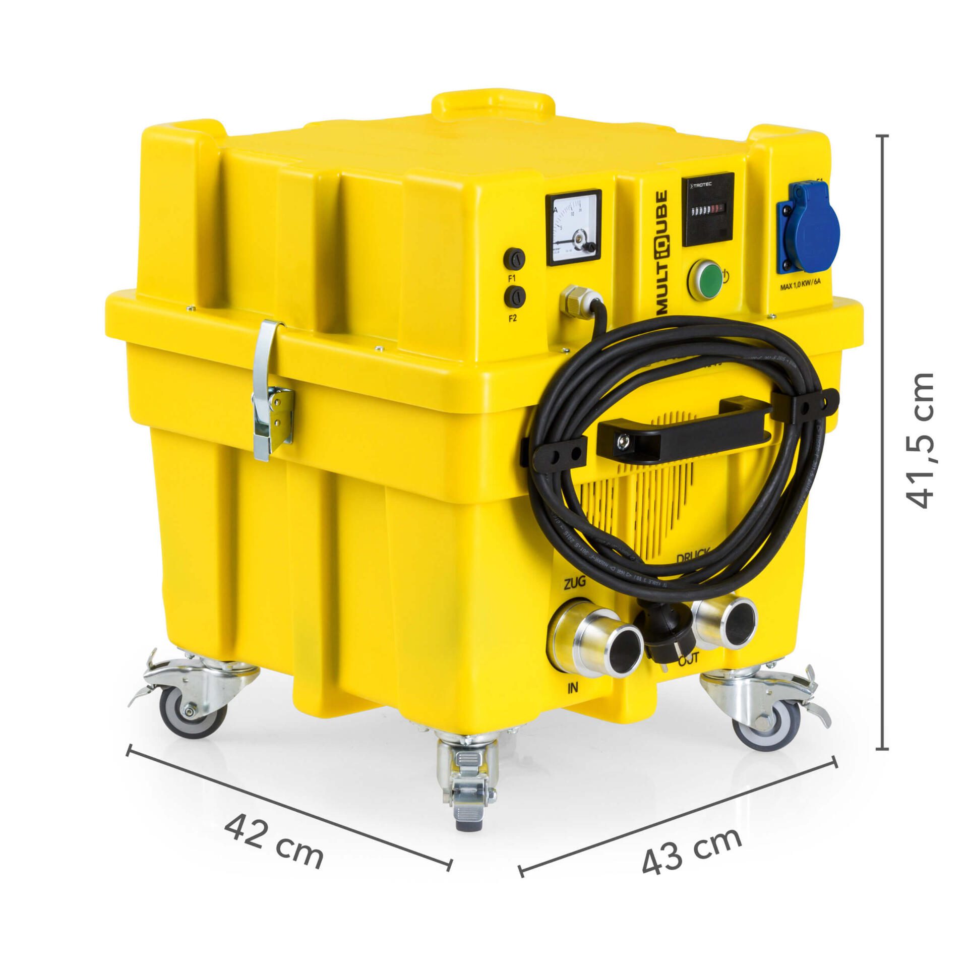 Gelber Seitenkanalverdichter VE 4 S MultiQube, ein robustes Gerät mit Rollen, Anschlüssen und Bedienelementen für vielfältige Anwendungen.