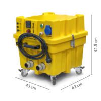Gelber Seitenkanalverdichter VE 4 MultiQube von Trotec. Kompaktes Gerät mit Rollen, Anschlüssen und Kabel. Ideal für Bausanierung und mehr.