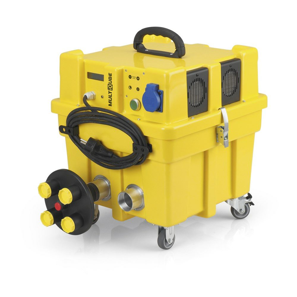 Gelbes D-mmschichttrocknungsaggregat VX-5 MultiQube für effektive Bautrocknung. Kompaktes Design mit Rollen für leichte Mobilität.