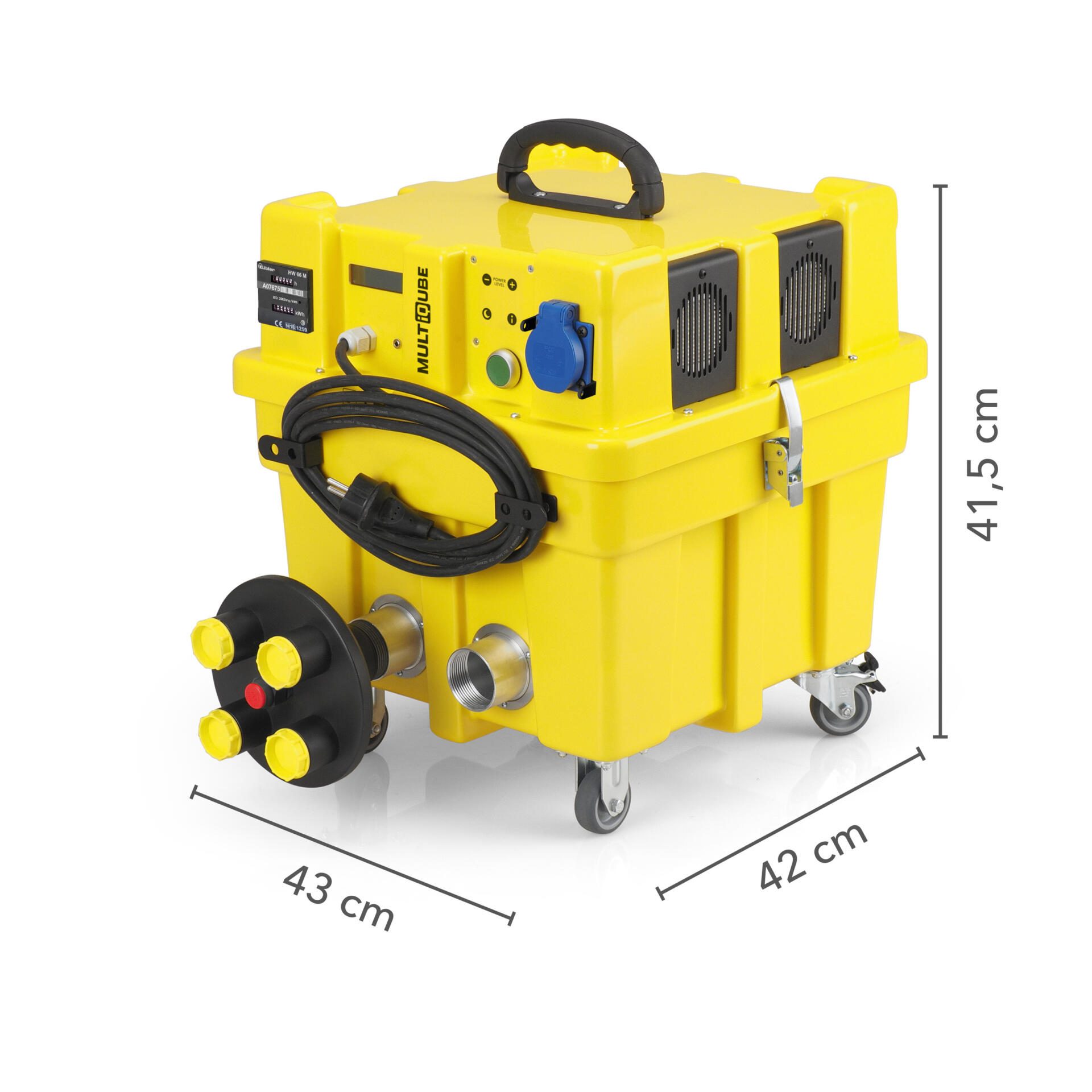 D-mmschichttrocknungsaggregat VX-5 MultiQube: Gelbes Gerät zur Trocknung von Dämmschichten mit Anschlüssen und Maßen 43x42x41,5 cm. Mobil.