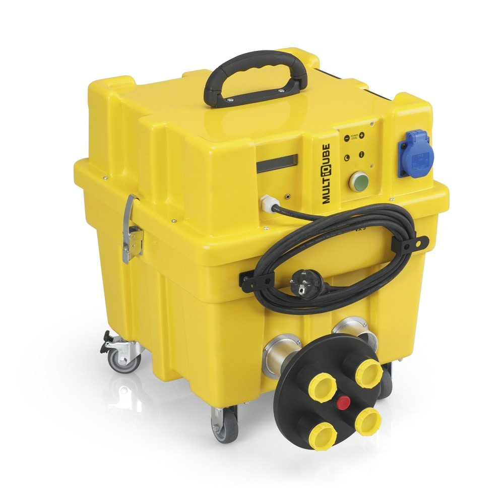 Gelbes D-mmschichttrocknungsaggregat VX-5 MultiQube für effektive Trocknung. Kompakt, mobil und leistungsstark. Ideal für Wasserschadensanierung.