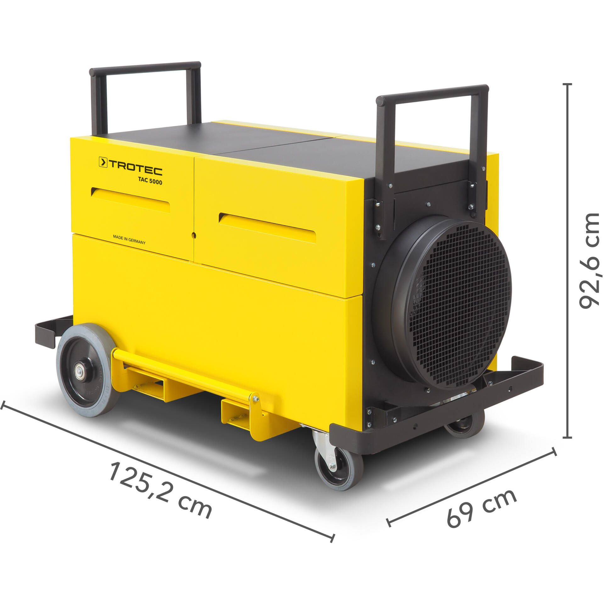 Der Trotec TAC 5000 Luftreiniger, ein leistungsstarkes gelbes Gerät mit Rollen und Griffen, ideal für Baustellen und Industrieanwendungen.