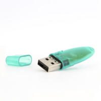 Nahaufnahme eines grünen USB-Sticks mit abgenommener Kappe, isoliert auf einem weißen Hintergrund. Thermografie-Software-Professional.
