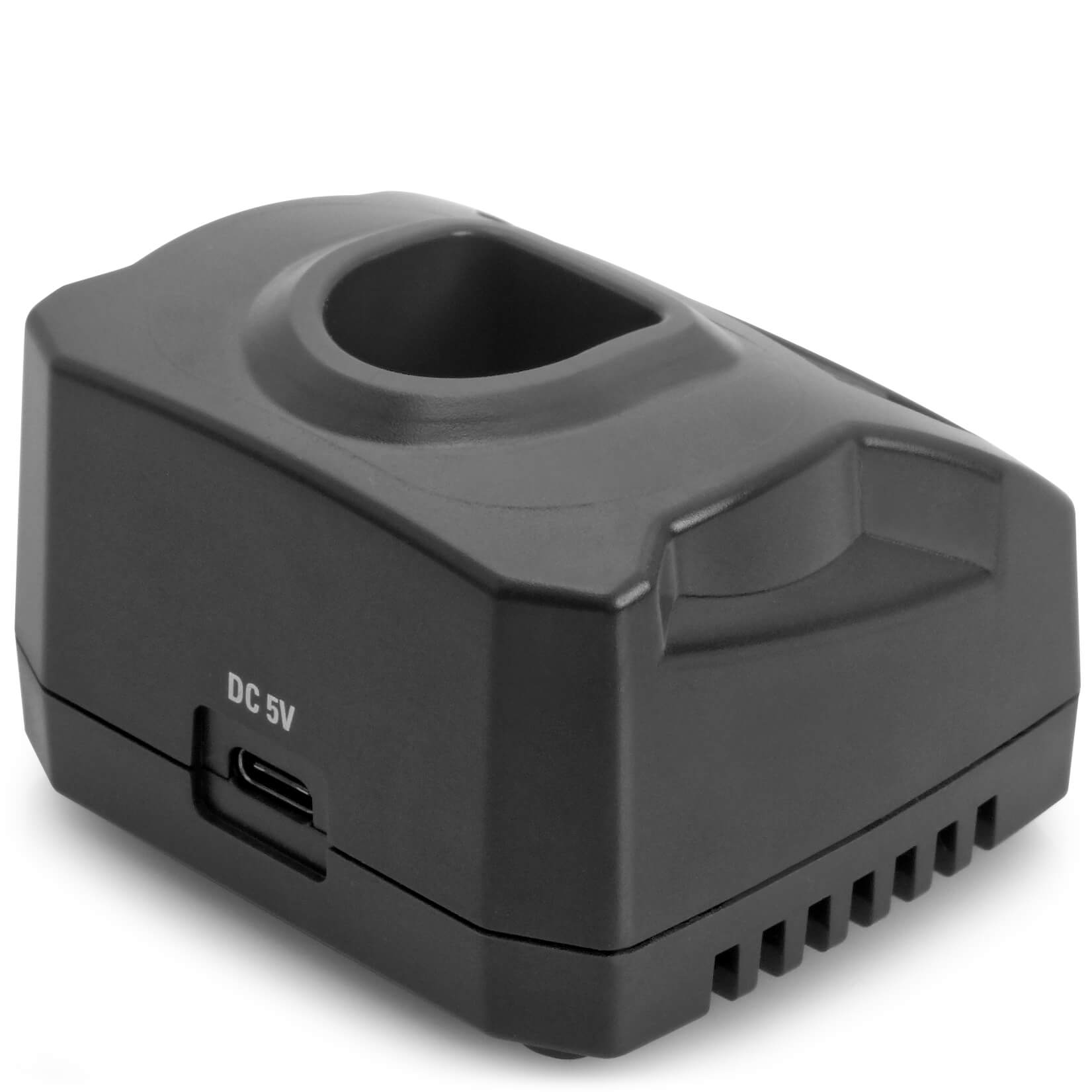 Schwarzes Thermo-Ladegerät IC200/IC300 im Detail. Ladevorrichtung für Thermoelemente, mit USB-Anschluss und Lüftungsschlitzen für optimale Kühlung.