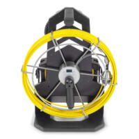 Schubkabeltrommel VSP-R30: Detailaufnahme der Kabeltrommel mit gelbem Schubkabel auf einer schwarzen Halterung. Ideal für Rohrinspektion und -reinigung.