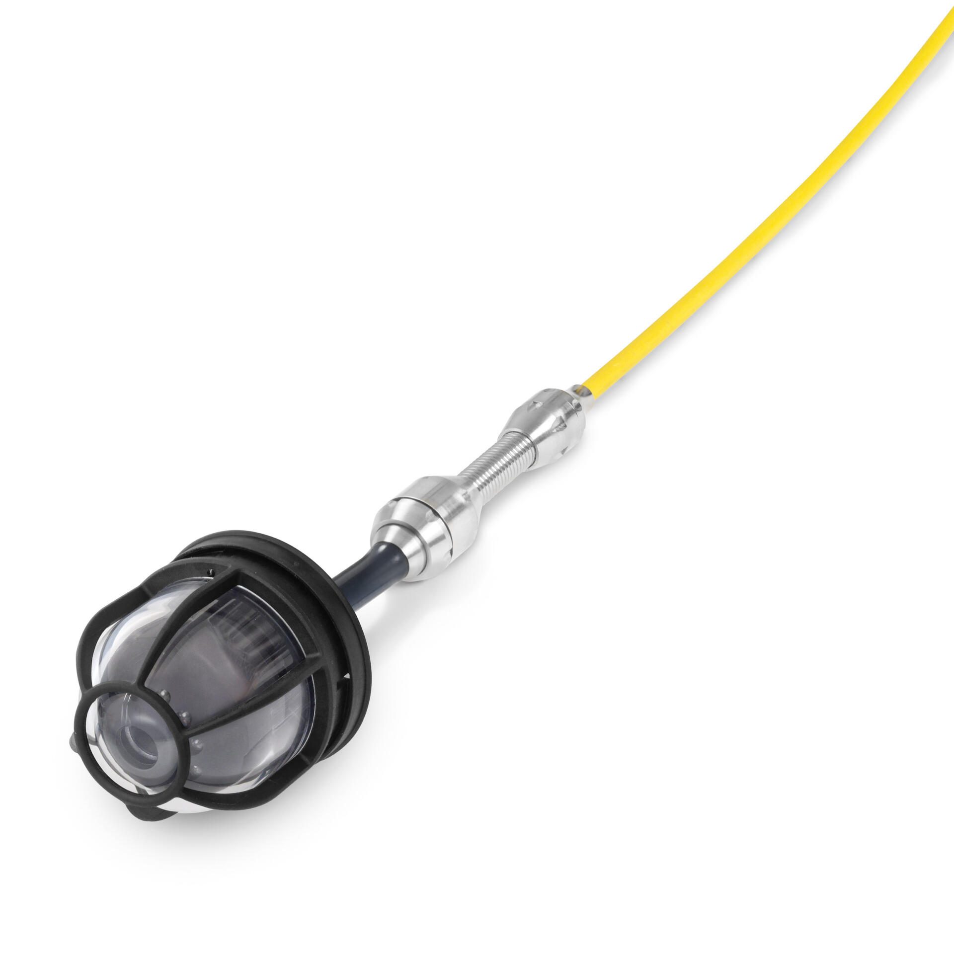 Rohrkamera VSP-H41M-HD Kamerakopf: Detailaufnahme des Kamerakopfes mit Schutzgitter und gelbem Kabel. Ideal für Inspektionen in Rohren.