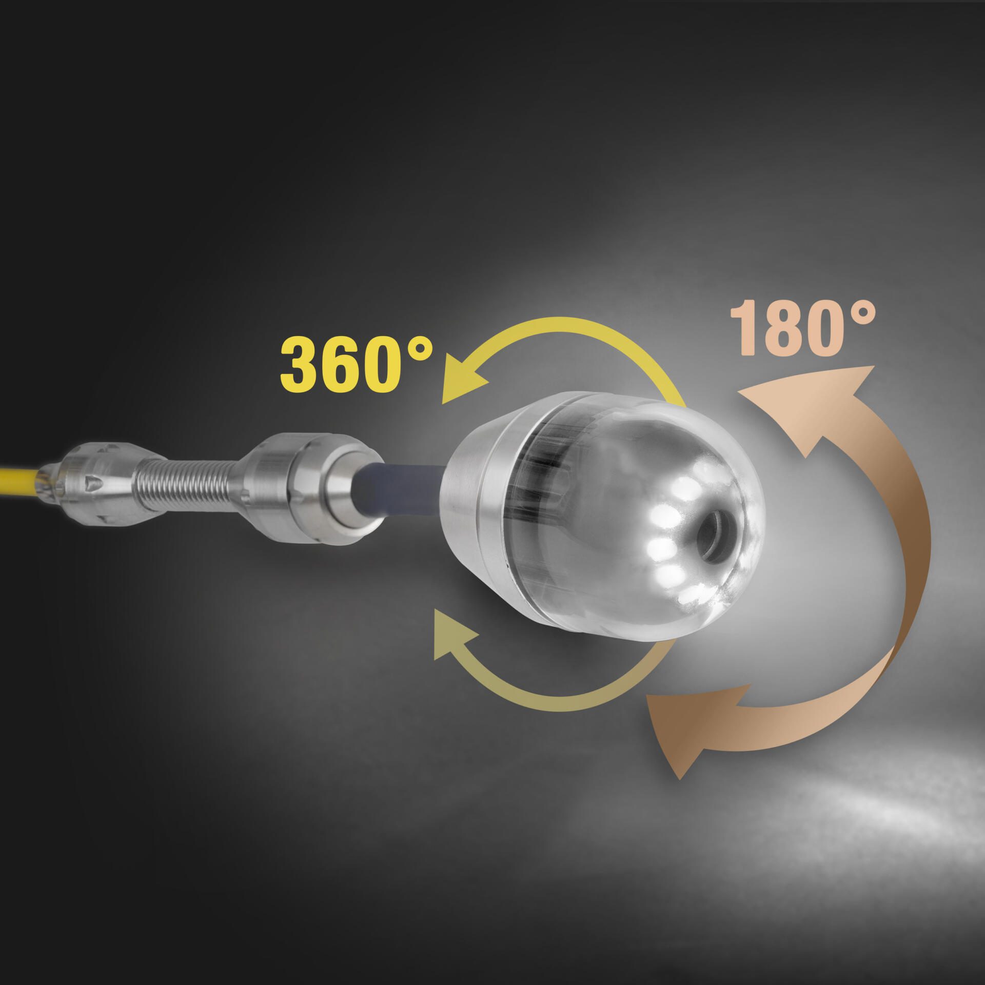 Rohrkamera VSP-H41M HD Kamerakopf: Detailaufnahme des Kamerakopfes mit 360° und 180° Markierungen für die Rohrinspektion.
