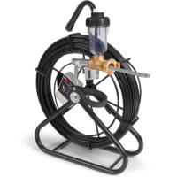 Akustische Rohrsonde LD6000-PTS-150-m: Eine Rohrkamera auf einem schwarzen Ständer mit schwarzem Kabel auf einer Spule. Bild 2 der Serie.