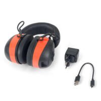 LD-8 Profi Bluetooth Kopfhörer: Schwarze Ohrenschützer mit orangen Streifen, Ladegerät und USB-Kabel auf weißem Hintergrund für professionellen Einsatz.