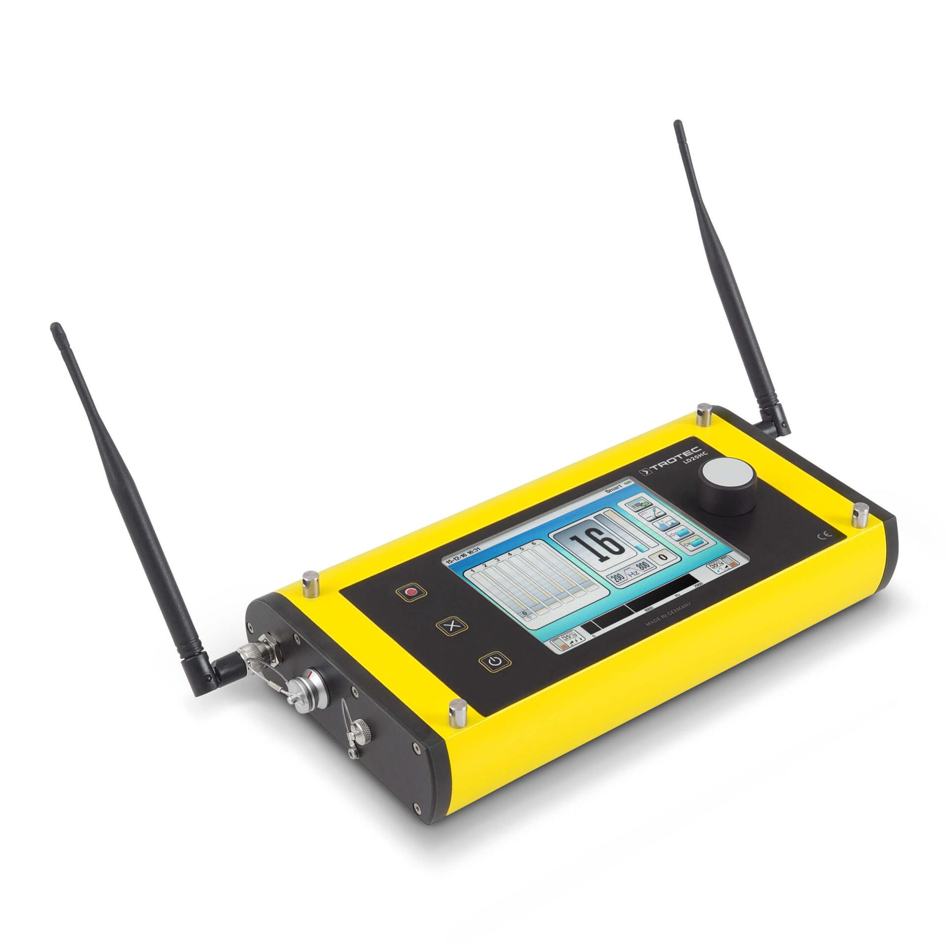 Korrelator LD20 HC von Trotec: Gelbes Messgerät mit Display und Antennen zur Leckortung. Ideal für Profis zur präzisen Rohranalyse.