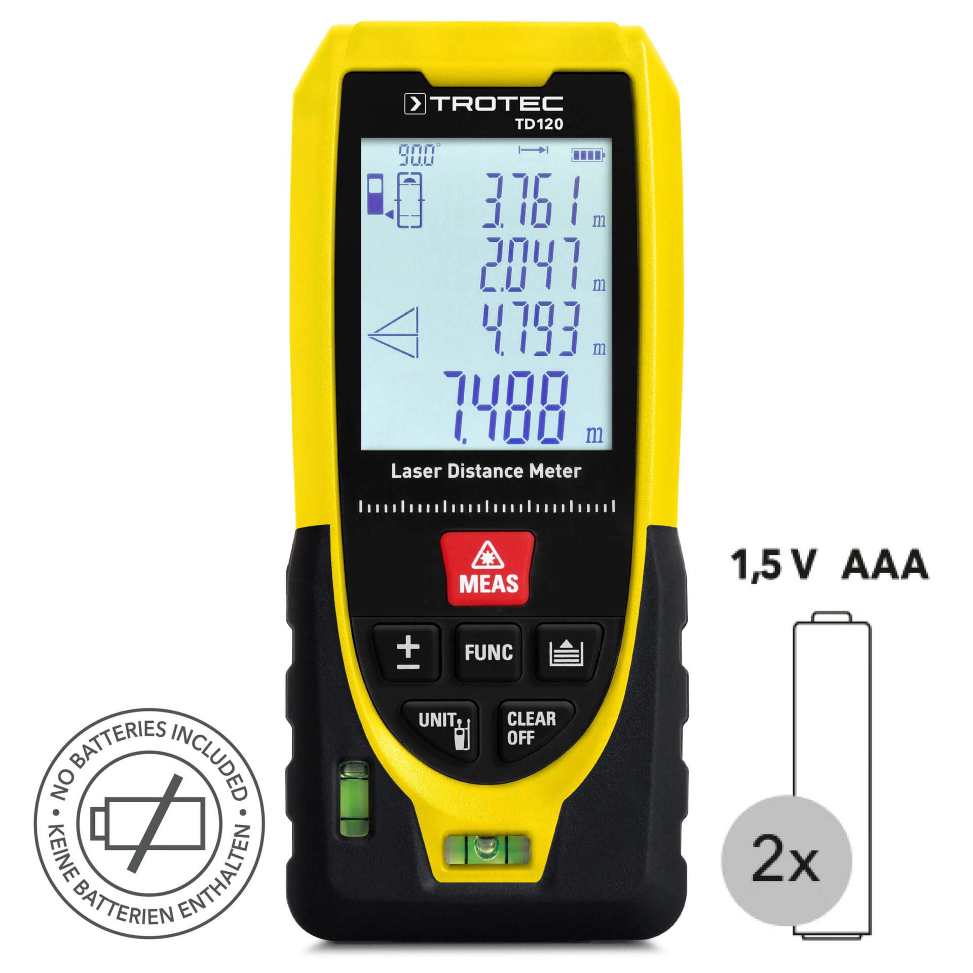 Gelber Laser-Entfernungsmesser TD120 von Trotec für präzise Messungen. Ideal für Bau, Handwerk & Renovierung. Keine Batterien enthalten.