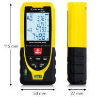 Laser-Entfernungsmesser TD120: Gelb-schwarzes Gerät mit Display für Messwerte, seitliche Ansicht zeigt die Kompaktheit des Laser Entfernungsmessers.
