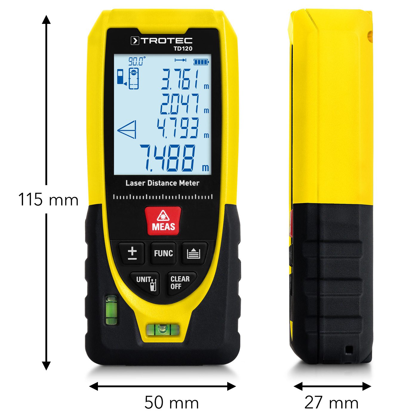 Laser-Entfernungsmesser TD120: Gelb-schwarzes Gerät mit Display für Messwerte, seitliche Ansicht zeigt die Kompaktheit des Laser Entfernungsmessers.