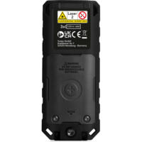 Detailaufnahme eines Laser-Entfernungsmessers TD200 von Trotec. Informationen zu Laserleistung, Batterien und Warnhinweise sind abgebildet.