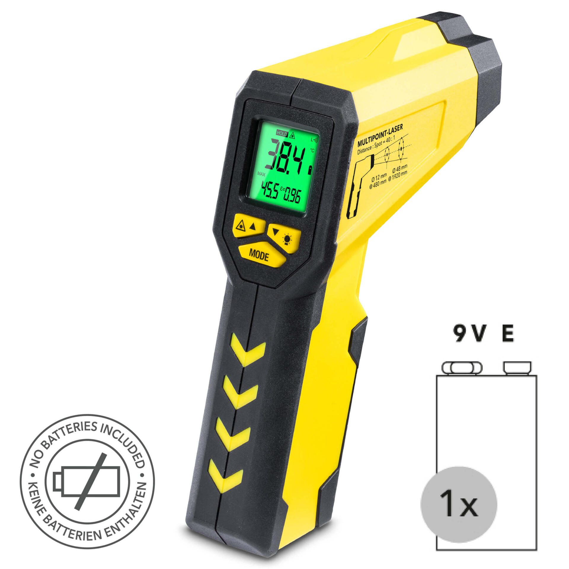 Infrarot-Thermometer Pyrometer TP7 mit Multipoint-Laser zur Temperaturmessung. Gelbes Gehäuse, Displayanzeige und Laserzielvorrichtung für präzise Messung.