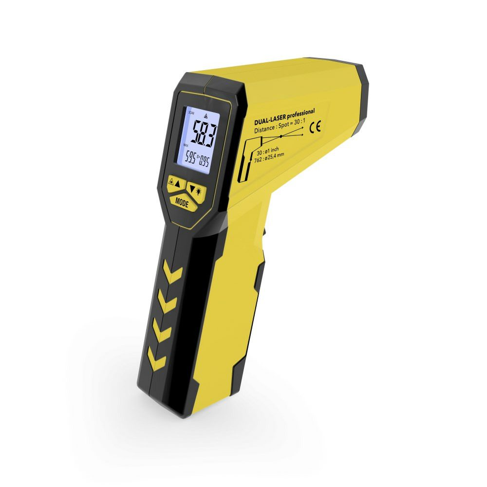 Infrarot Thermometer Pyrometer TP7: Gelbes Messgerät mit Dual-Laser und LCD-Display. Ideal zur berührungslosen Temperaturmessung. Präzise und schnell.