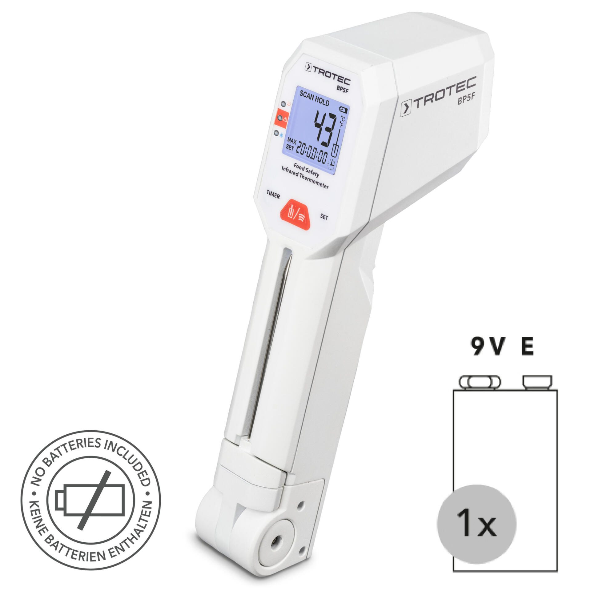 Lebensmittel-Thermometer BP5F: Weißes Infrarot-Thermometer zeigt 43°C. Ideal für Lebensmittelsicherheit, keine Batterien enthalten. Bild 2.