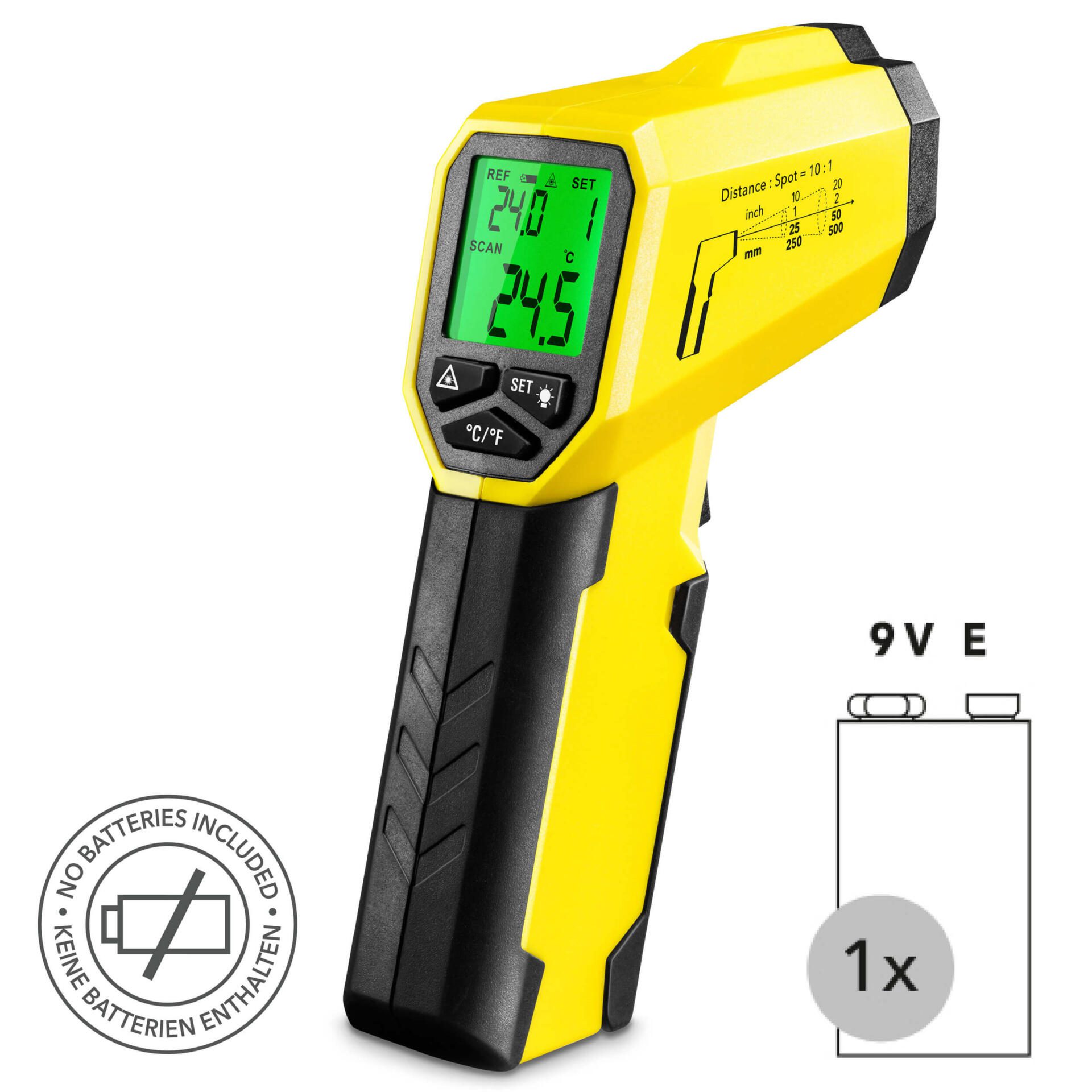 Gelbes Infrarot-Thermometer/Pyrometer BP17 zeigt Temperatur an. Für berührungslose Messungen. Keine Batterien enthalten. Präzise Temperaturmessung.