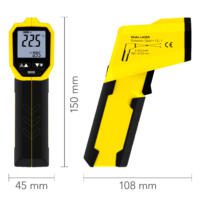Das Pyrometer BP21, dargestellt mit Maßen. Ideal zur berührungslosen Temperaturmessung. Gelb-schwarzes Design, präzise Messwerte. Bild 3 von 3510003031.