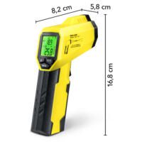 Pyrometer-Taupunktscanner BP25: Gelbes Messgerät mit Display und Maßangaben. Ideal zur Taupunktbestimmung und Temperaturmessung. Präzise Ergebnisse garantiert!