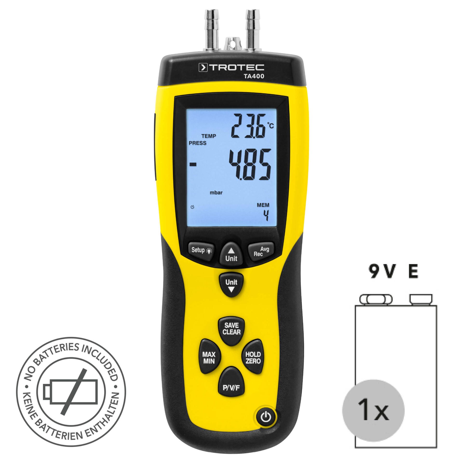 Anemometer TA400 Staurohr mit Kalibrier-Zertifikat. Das Gerät zeigt Temperatur und Druck an. Ideal für präzise Messungen. Keine Batterien enthalten.
