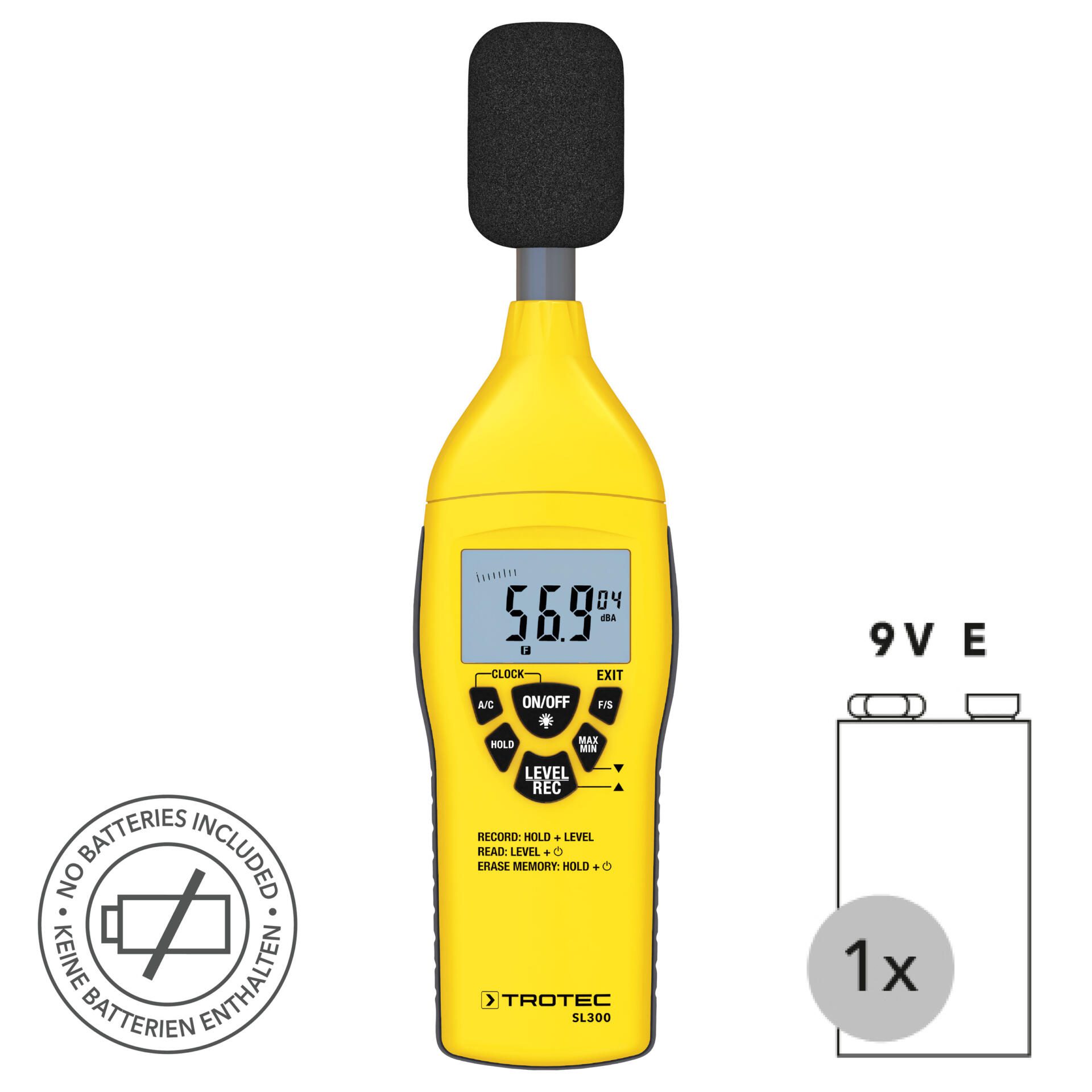 Schallpegelmessgerät SL300: Gelbes Messgerät zur Geräuschmessung mit Displayanzeige 56.9 dB und Mikrophon. Ideal für Lärmanalyse.