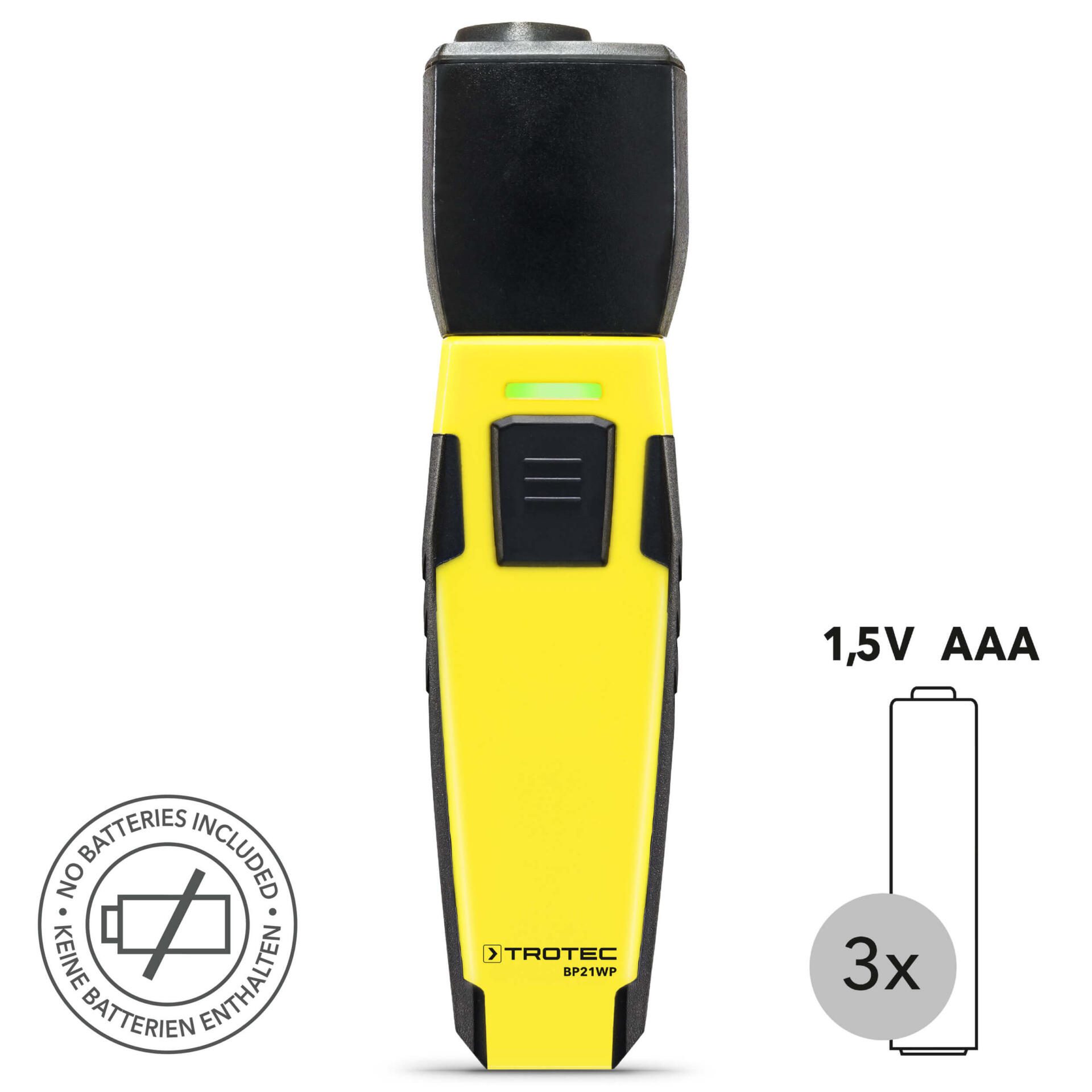 Das BP21WP AppSensor Pyrometer, ein gelbes Messgerät, zeigt Temperatur mit Smartphone-Bedienung. Keine Batterien enthalten, benötigt 3x AAA.