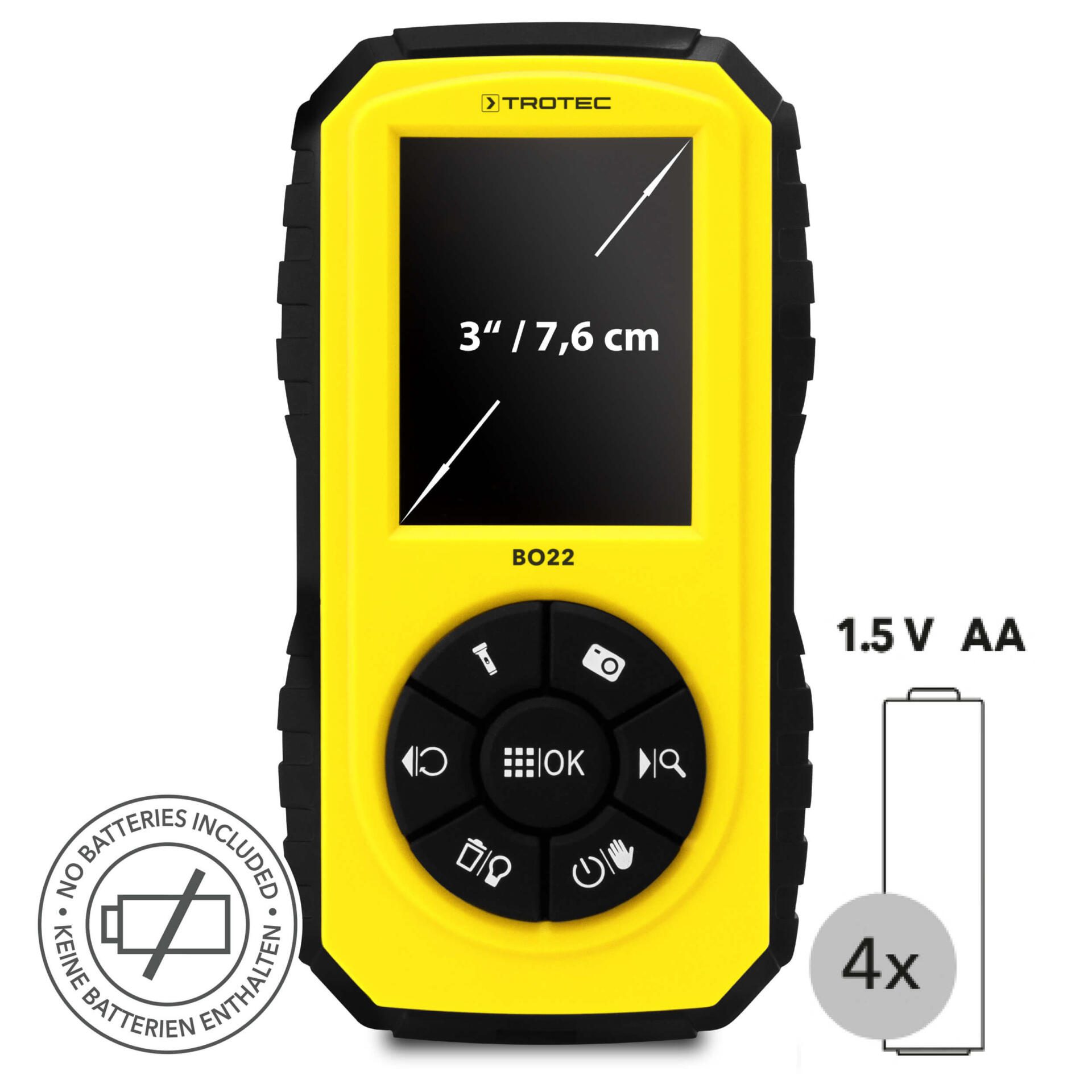 Gelbes Mini-Videoskop BO22 von Trotec zeigt 3-Zoll-Display, Tasten, Batteriehinweis. Ideal für Inspektionen. Keine Batterien enthalten.