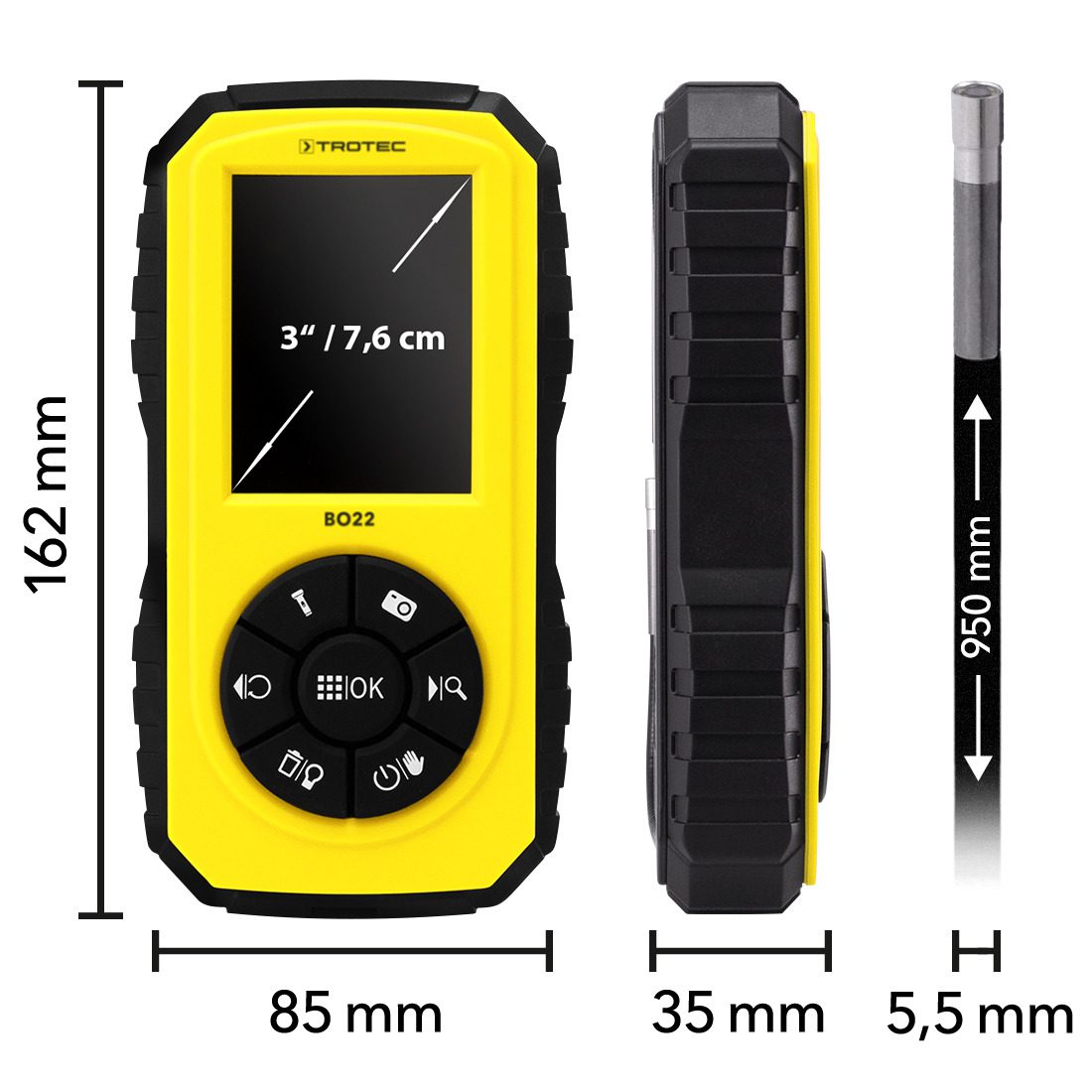 Detailansicht Mini-Videoskop BO22: Gelbes Gehäuse, Bildschirm 7,6 cm, Bedienelemente, Seitenansicht und Sonde mit Maßangaben. Ideal für Inspektionen.