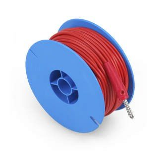 Rolle mit rotem Erdungskabel der PD-Serie. Verlängerungskabel auf blauer Spule. Kabelende mit Stecker. 3510010004_PD-Serie Erdungskabel