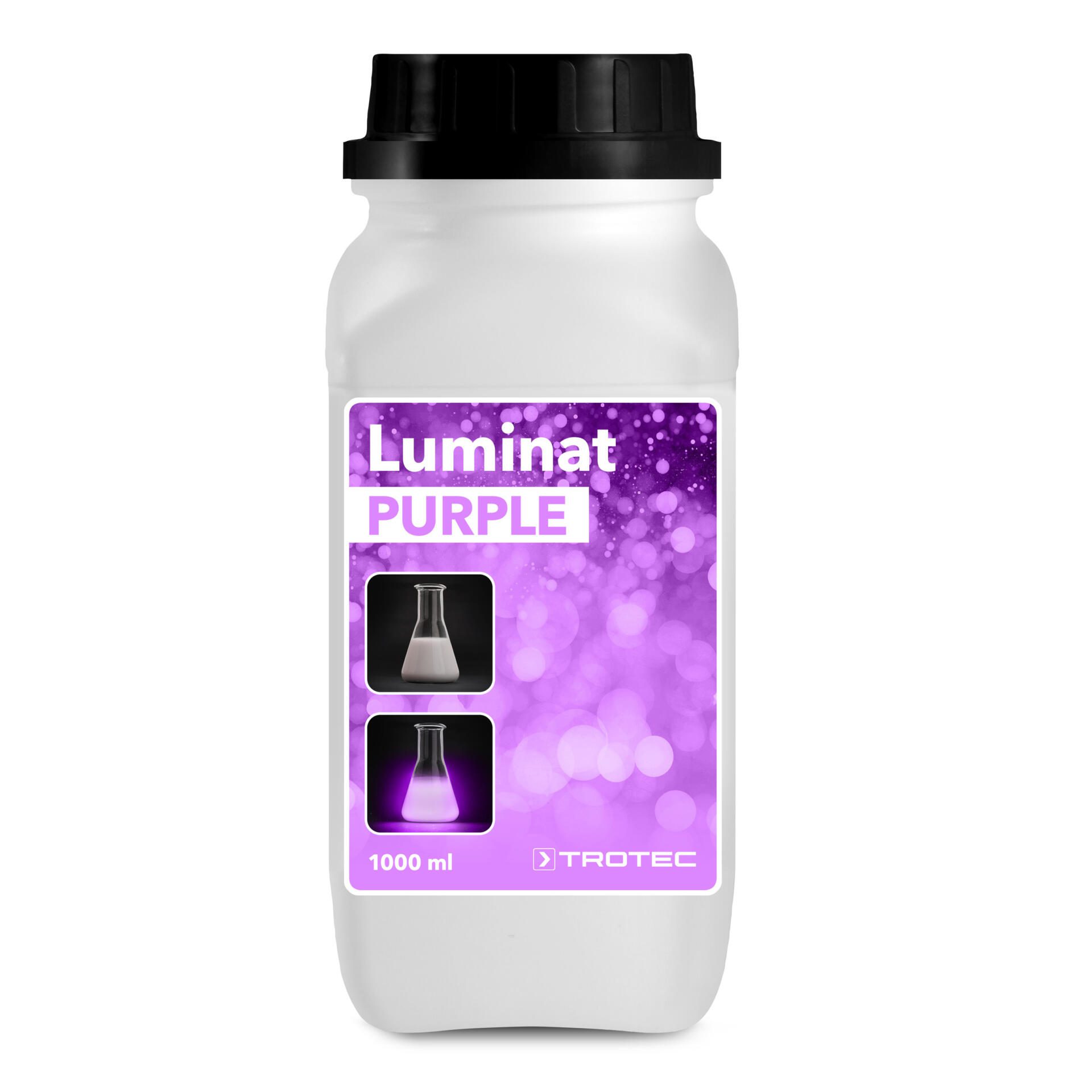 Luminat Purple Flasche: 1000 ml Trotec-Lösung, ideal für Anwendungen. Das Produkt ist in einer weißen Flasche mit schwarzem Deckel.