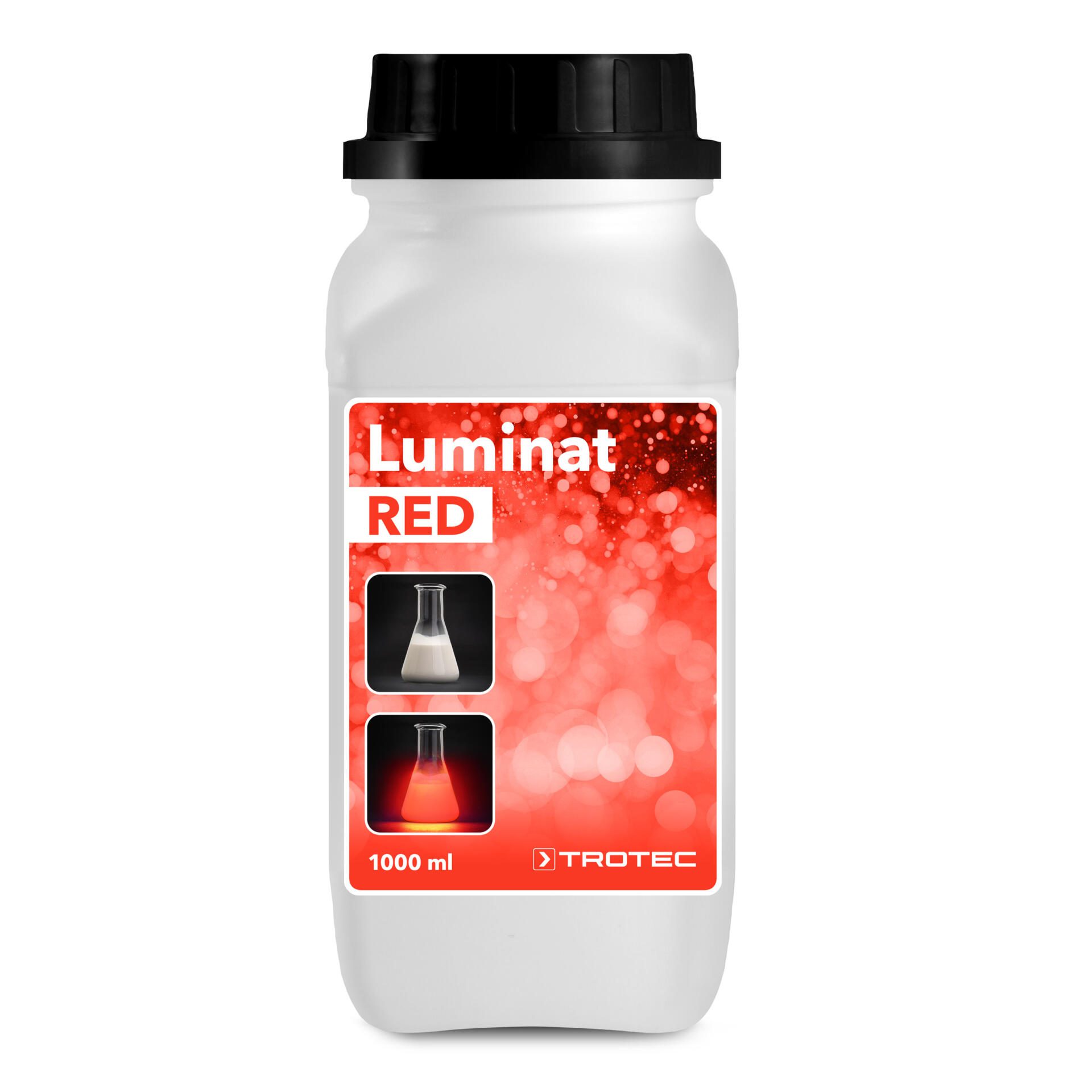 Luminat Red von Trotec: 1L Flasche mit roter Flüssigkeit und Laborgefäßen. Ideal für präzise Messungen und Analysen. Bild 3510012013.