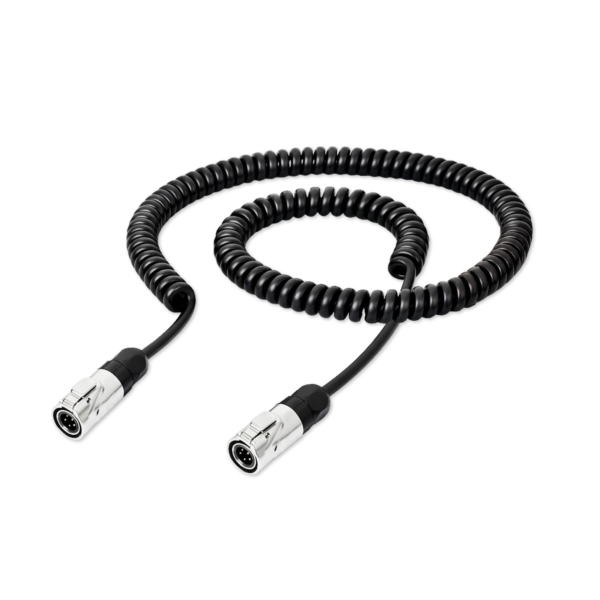 Schwarzes TC45-3m-Verbindungskabel in Spiralform mit silbernen Anschlüssen. Ideal für flexible Verbindungen. 3510200045 Kabel für Geräte.