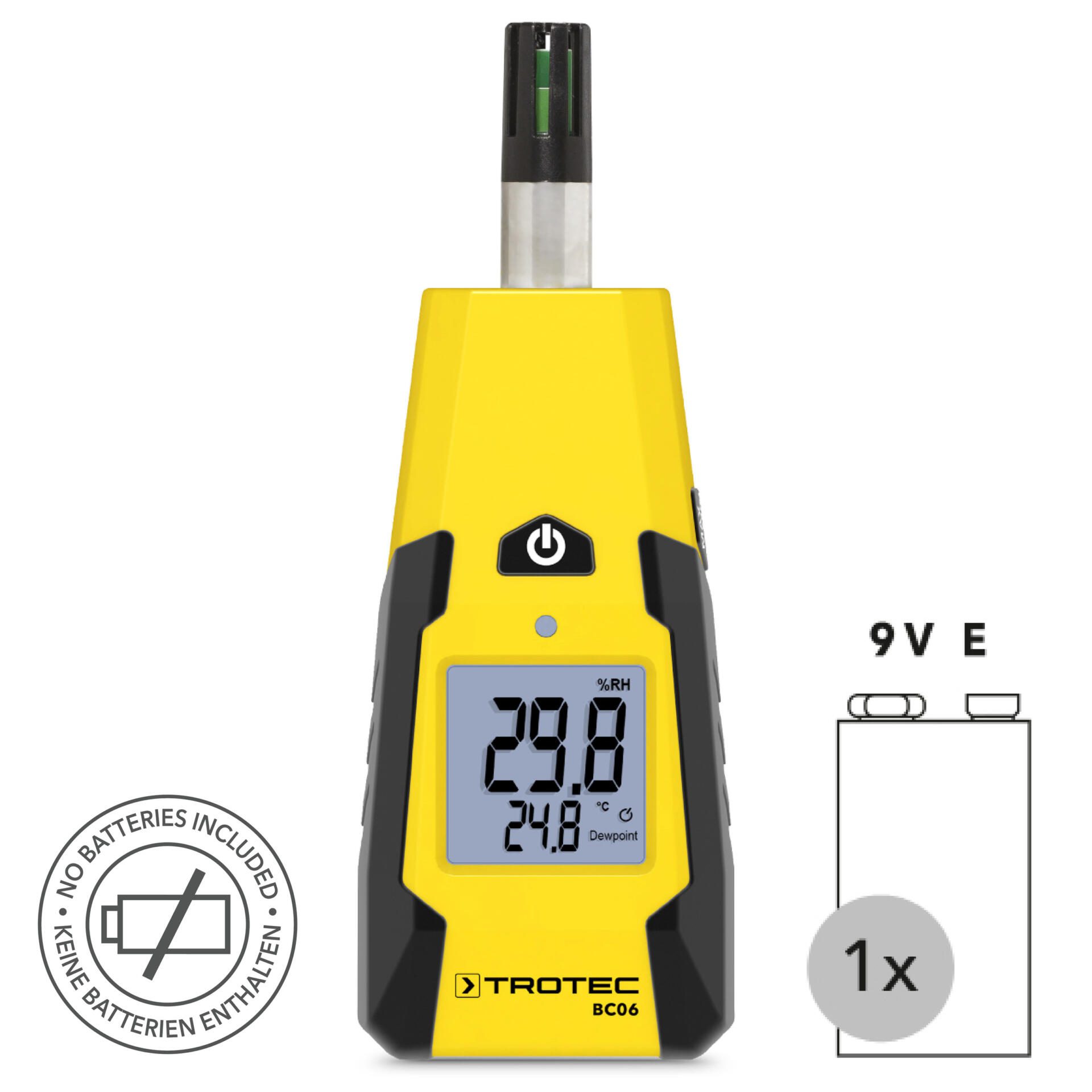Thermohygrometer BC06 von Trotec zeigt Temperatur und Luftfeuchtigkeit. Gelbes Gehäuse, digitales Display. Ideal zur Messung von Raumklima.