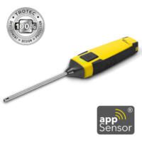 BT22WP App-Sensor Thermometer: Gelb-schwarzes Gerät mit Messfühler für Smartphone-Bedienung zur Temperaturmessung. Jetzt entdecken!