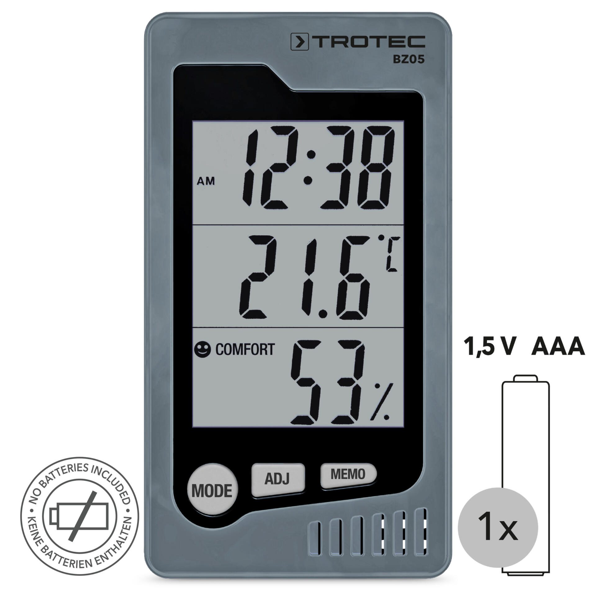 Raum-Thermohygrometer BZ05 zeigt Zeit 12:38, Temperatur 21.6°C und Luftfeuchtigkeit 53% an. Keine Batterien enthalten, 1.5V AAA benötigt.