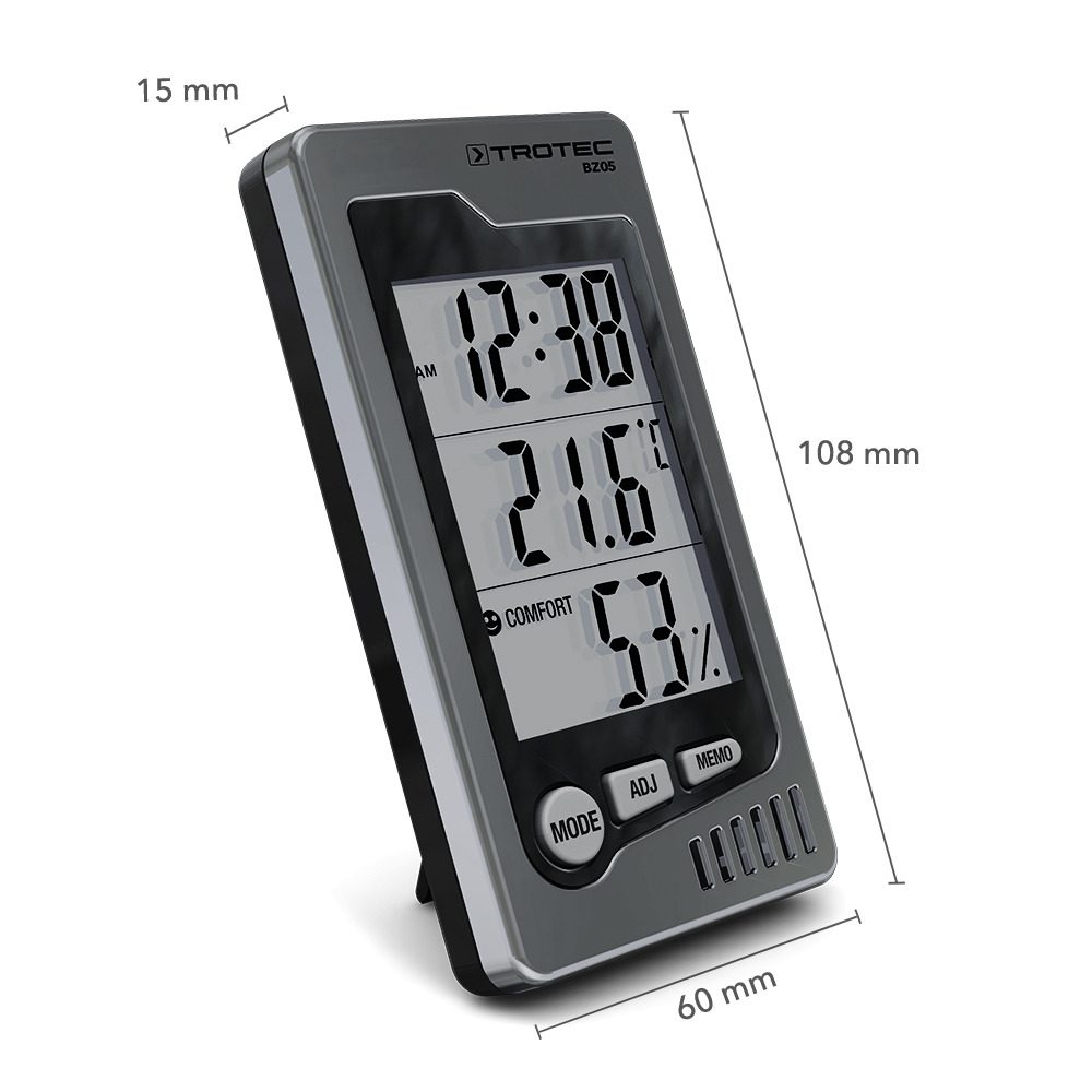 Trotec BZ05 Raum-Thermohygrometer zeigt Temperatur, Luftfeuchtigkeit und Uhrzeit. Ideal zur Überwachung des Raumklimas. BZ05 Bild 3 Ansicht.
