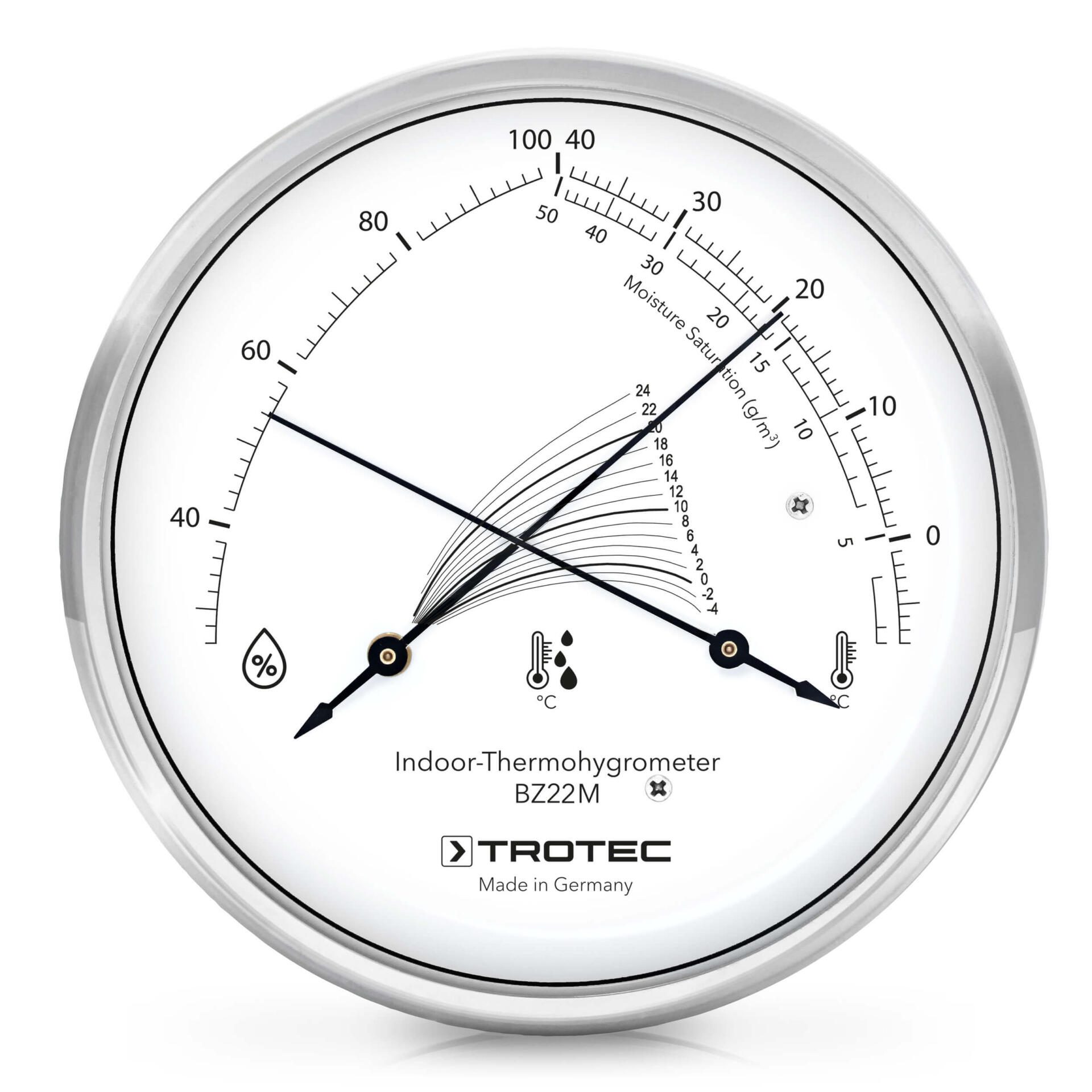 Design-Thermohygrometer BZ22M von Trotec: Ein analoges Messgerät zur Bestimmung von Temperatur und Luftfeuchtigkeit im Innenbereich. Made in Germany.