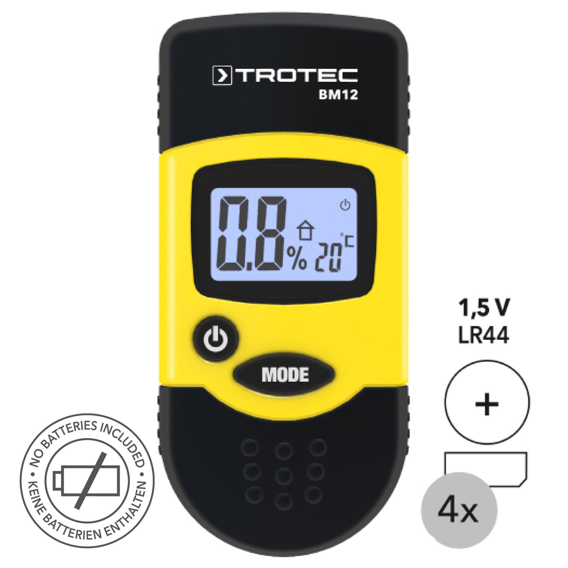 Trotec BM12 Feuchtemessgerät: Gelbes digitales Messgerät zur Bestimmung der Feuchtigkeit, ideal für Bau, Holz & Materialfeuchte. Präzise Messwerte.