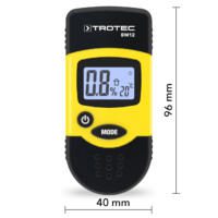 Feuchtemessgerät BM12 von Trotec, gelb-schwarz, zeigt 0.0% und 20°C auf dem Display. Kompaktes Design für präzise Feuchtigkeitsmessung. 