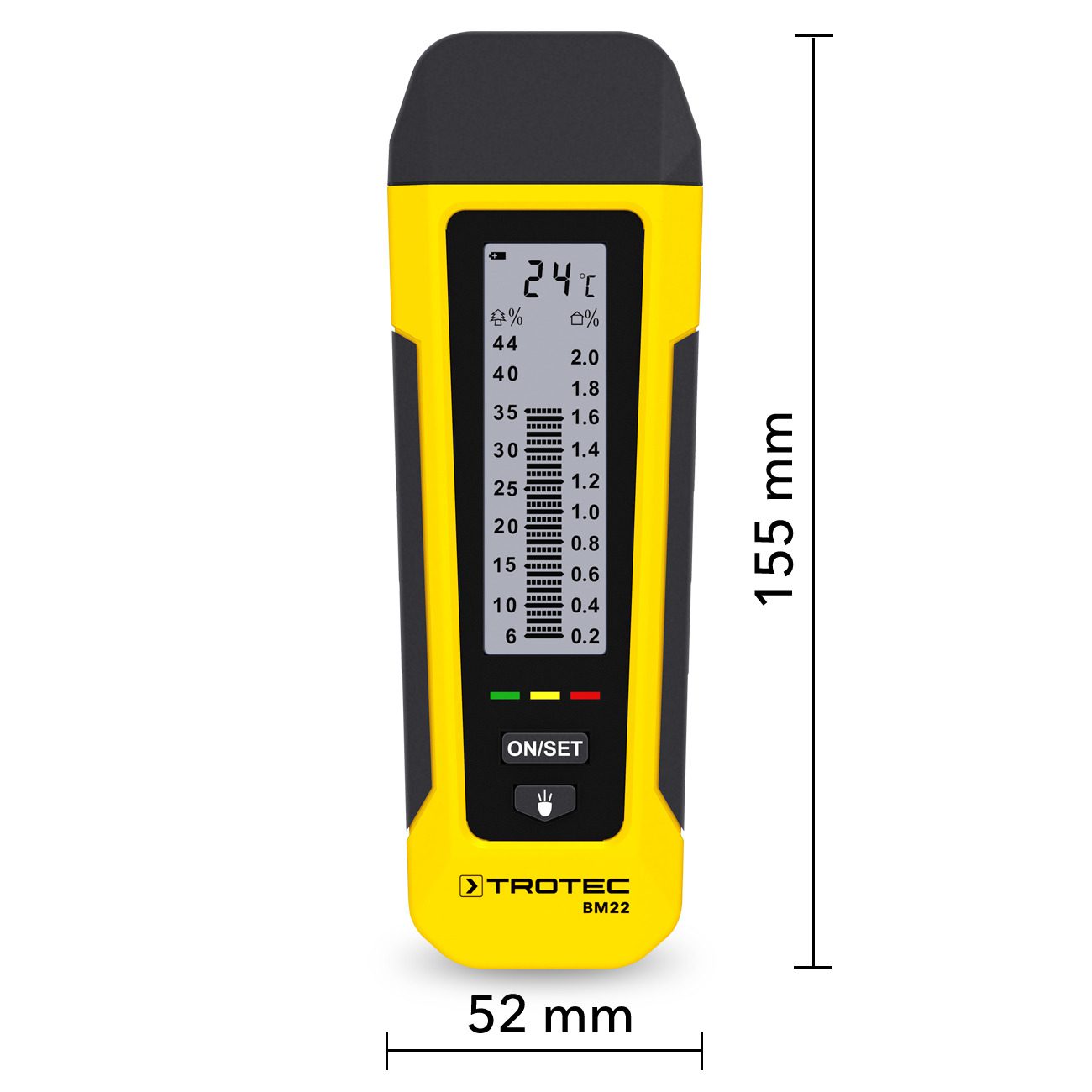 Feuchtemessgerät BM22 von Trotec: Gelbes Gerät mit Display, das Feuchtigkeit und Temperatur anzeigt. Ideal zur Messung von Holz und Baumaterialien.