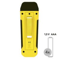 Feuchtemessgerät BM22: Gelbes Messgerät mit Clip, CE-Kennzeichnung und Batteriehinweis. Ideal zur Feuchtigkeitsmessung mit 4 AAA Batterien.
