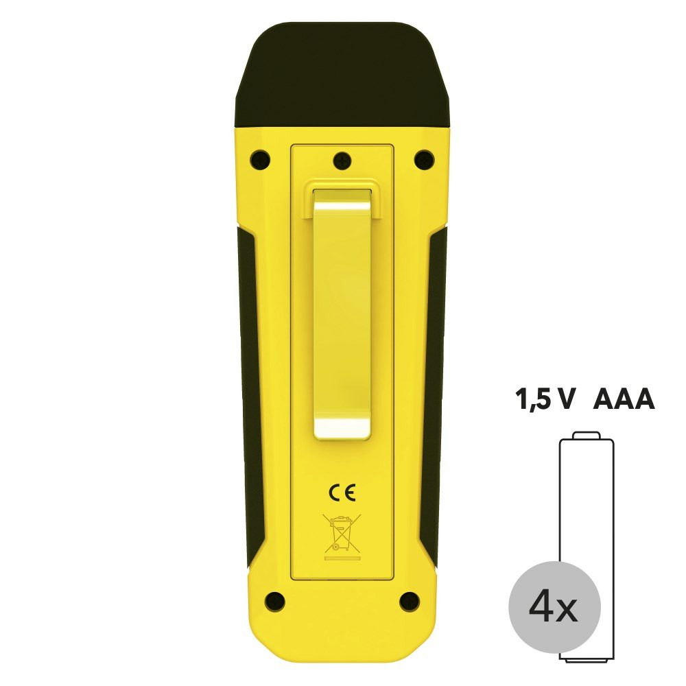 Feuchtemessgerät BM22: Gelbes Messgerät mit Clip, CE-Kennzeichnung und Batteriehinweis. Ideal zur Feuchtigkeitsmessung mit 4 AAA Batterien.